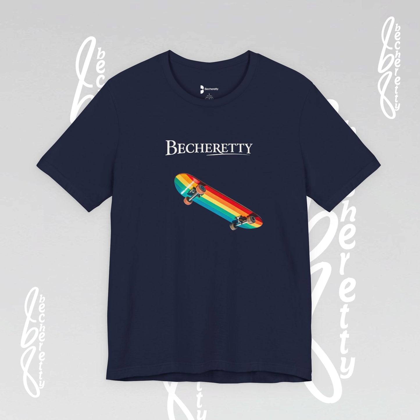 Rainbow Skateboard Tee - Becheretty design, perfect gift for skater lovers.