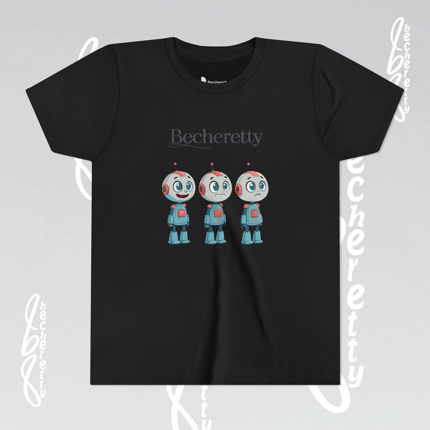 Youth T-Shirt short sleeve "Three Funny Kid Robots" Graphic Becheretty - Original gift for birthdays