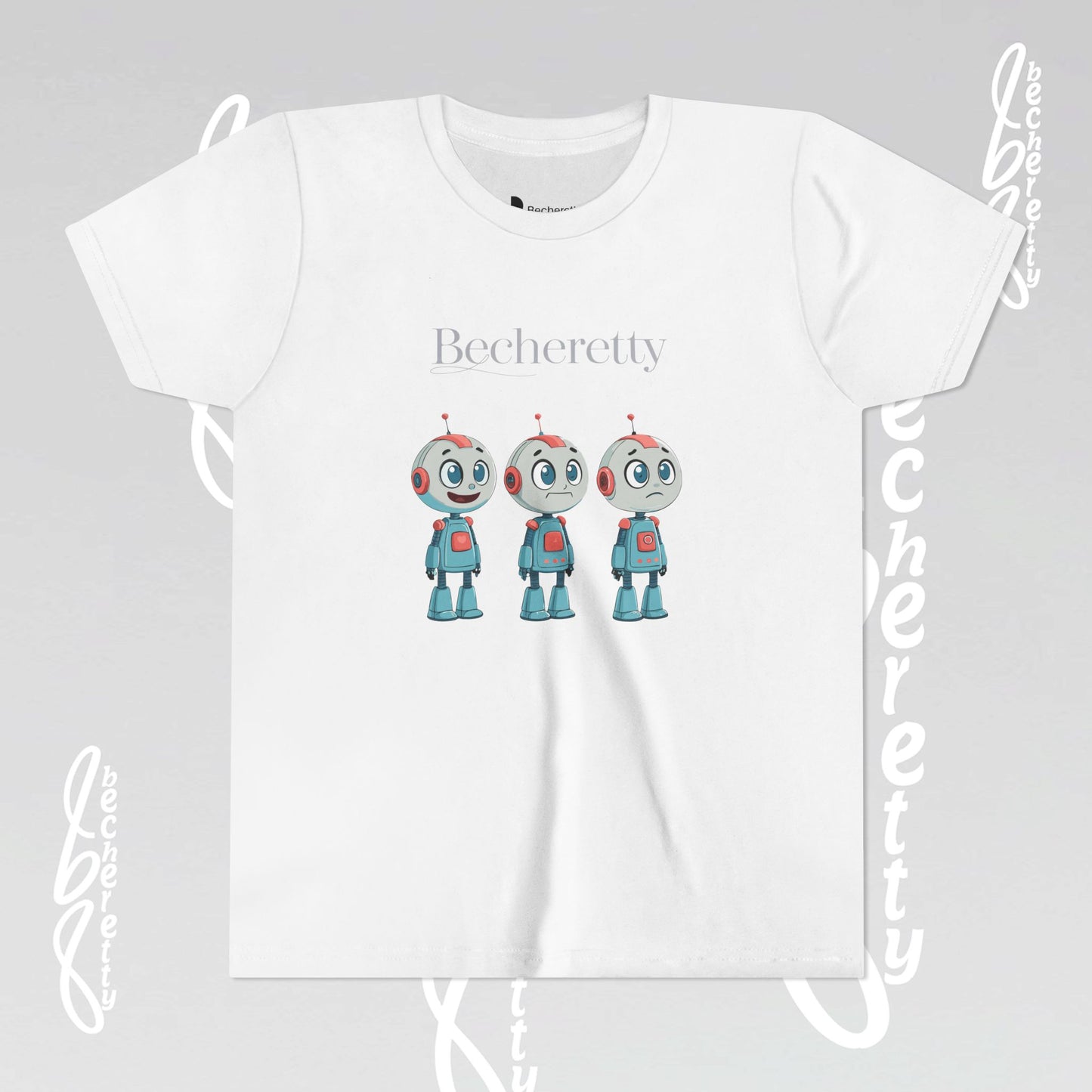 Youth T-Shirt short sleeve "Three Funny Kid Robots" Graphic Becheretty - Original gift for birthdays