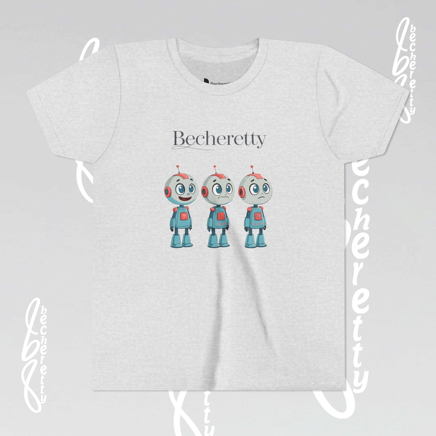 Youth T-Shirt short sleeve "Three Funny Kid Robots" Graphic Becheretty - Original gift for birthdays