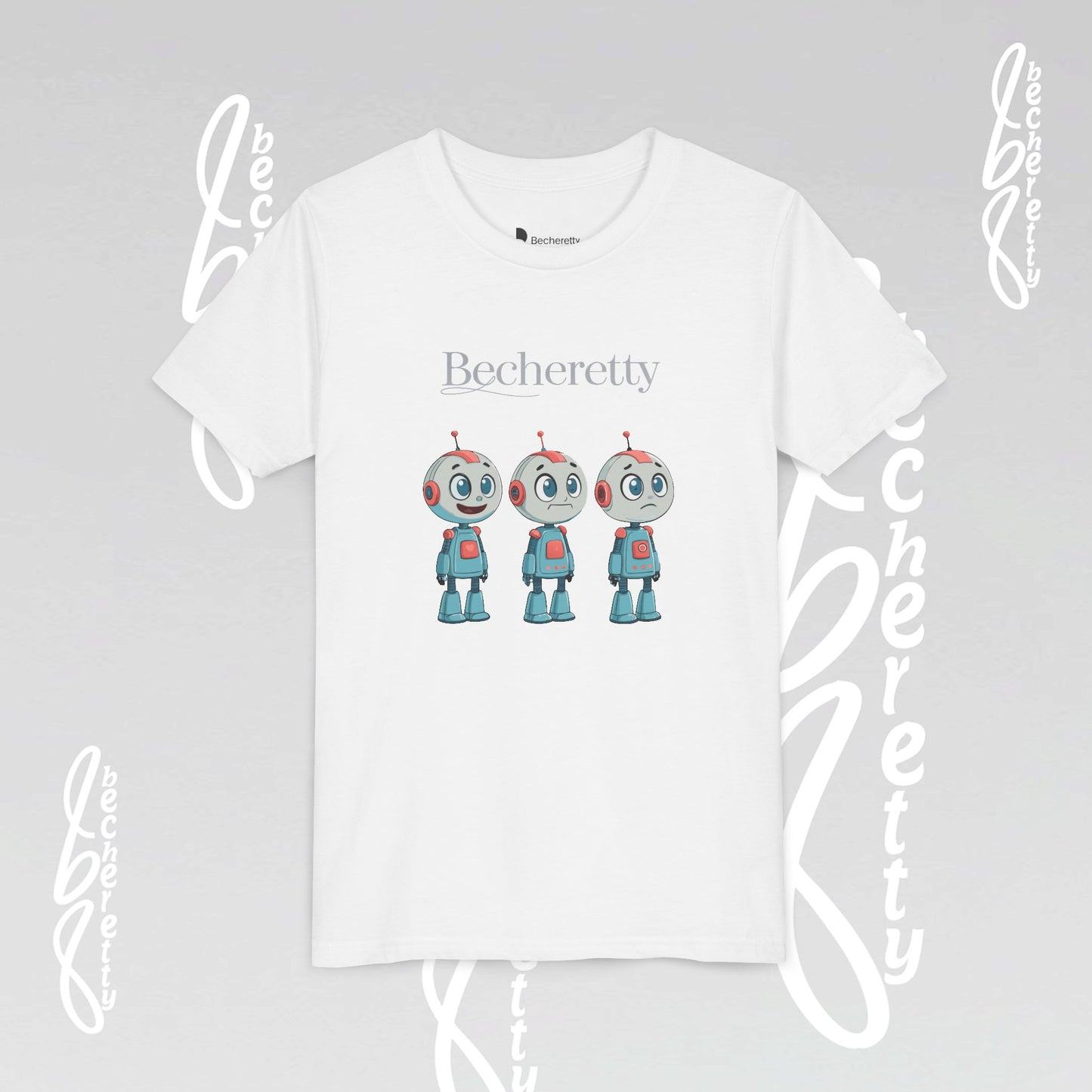 Youth T-Shirt short sleeve "Three Funny Kid Robots" Graphic Becheretty - Original gift for birthdays