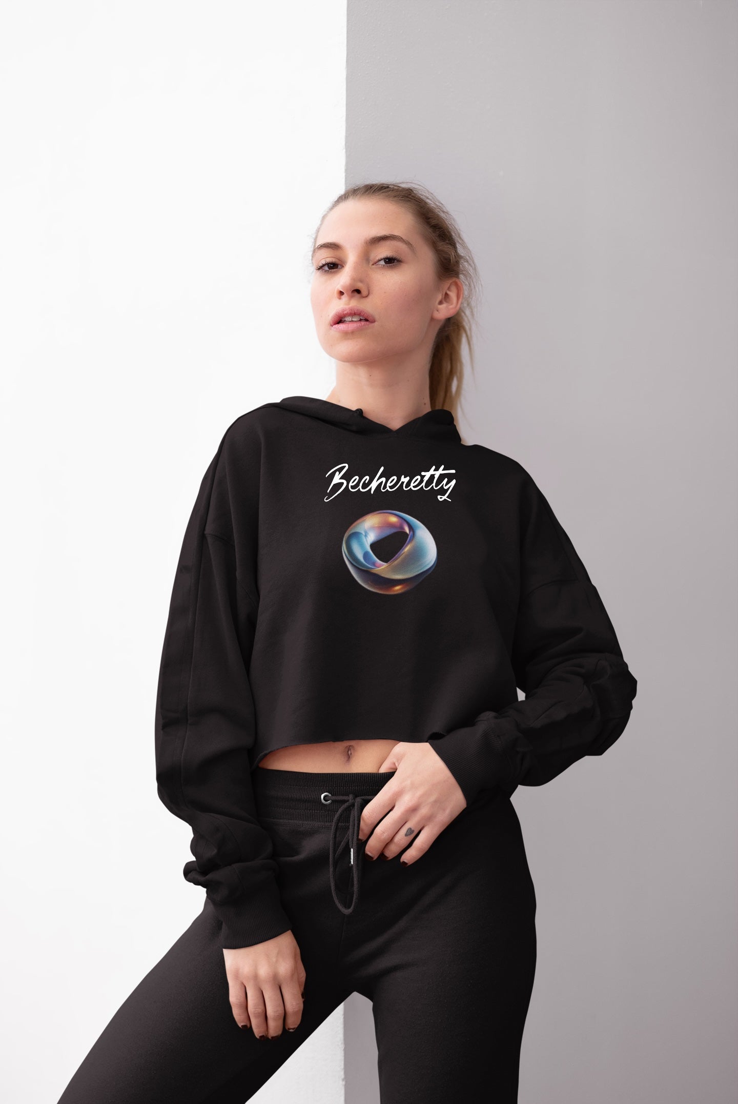 Chic Graphic Crop Hoodie Futuristic Ring - Becheretty Graphic - Stylish Women's Hoodie, Trendy Fashion Sweater, Unique Gift for Her