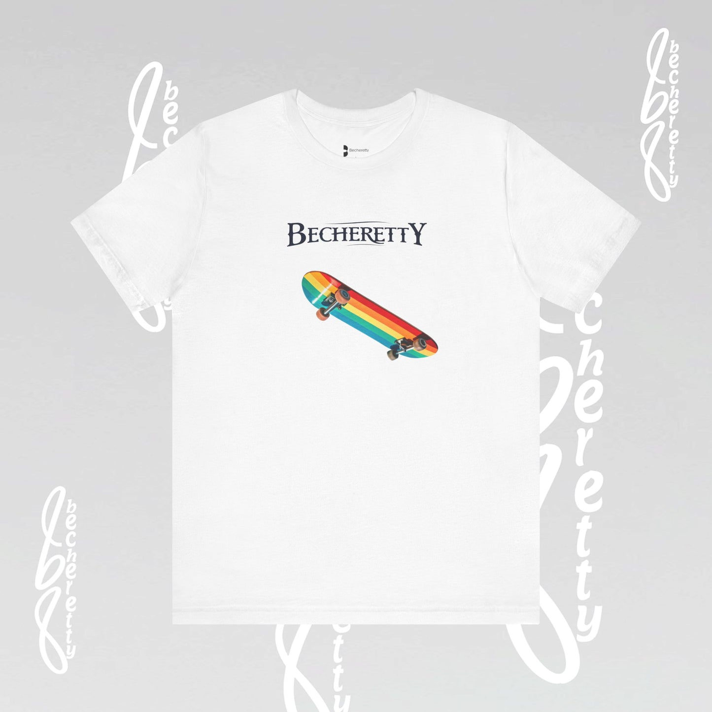 Rainbow Skateboard Tee - Becheretty design, perfect gift for skater lovers.