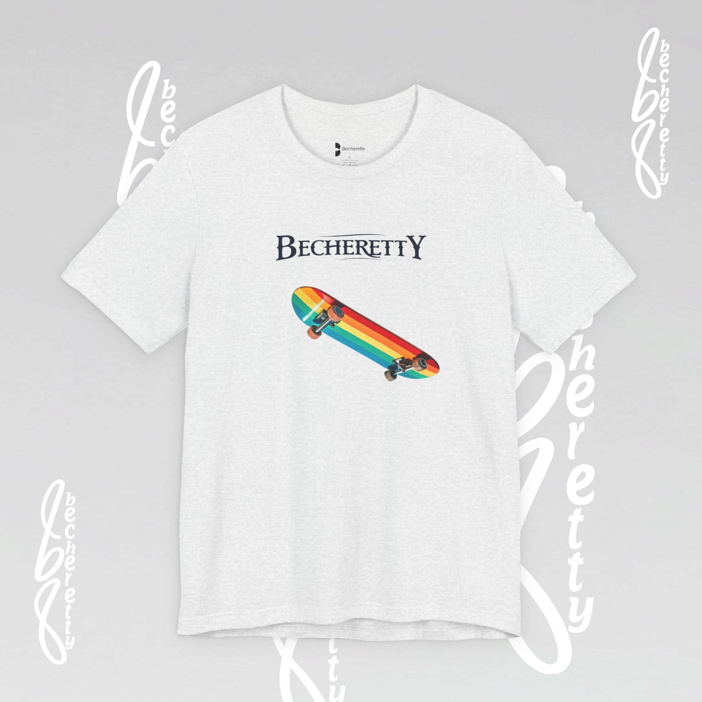 Rainbow Skateboard Tee - Becheretty design, perfect gift for skater lovers.