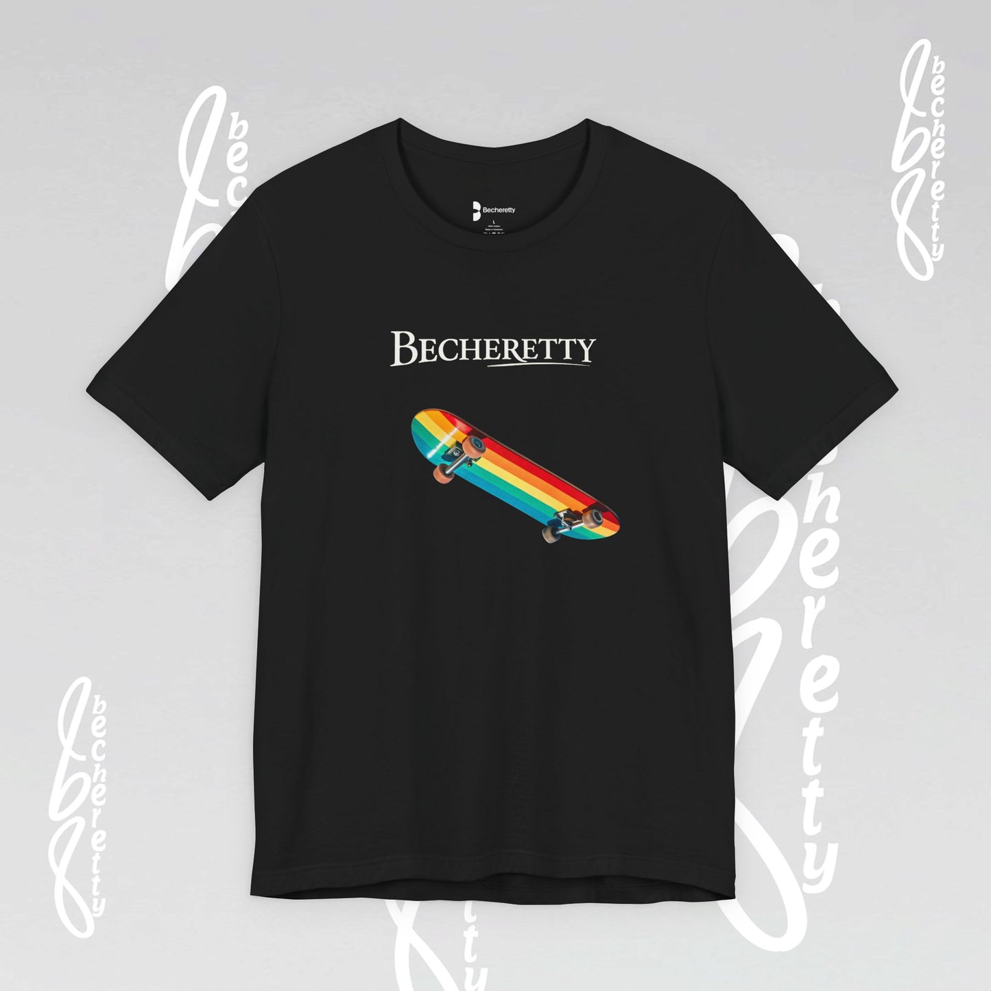 Rainbow Skateboard Tee - Becheretty design, perfect gift for skater lovers.