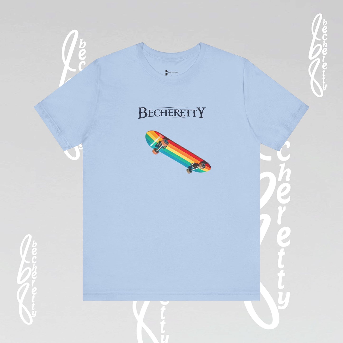 Rainbow Skateboard Tee - Becheretty design, perfect gift for skater lovers.