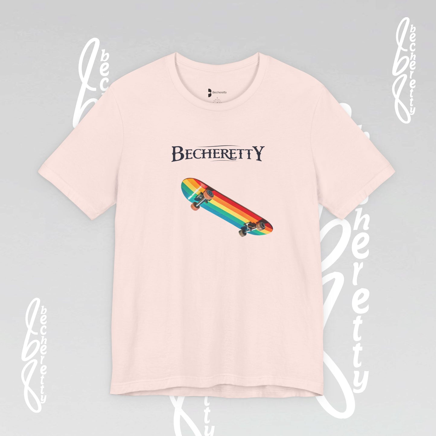 Rainbow Skateboard Tee - Becheretty design, perfect gift for skater lovers.