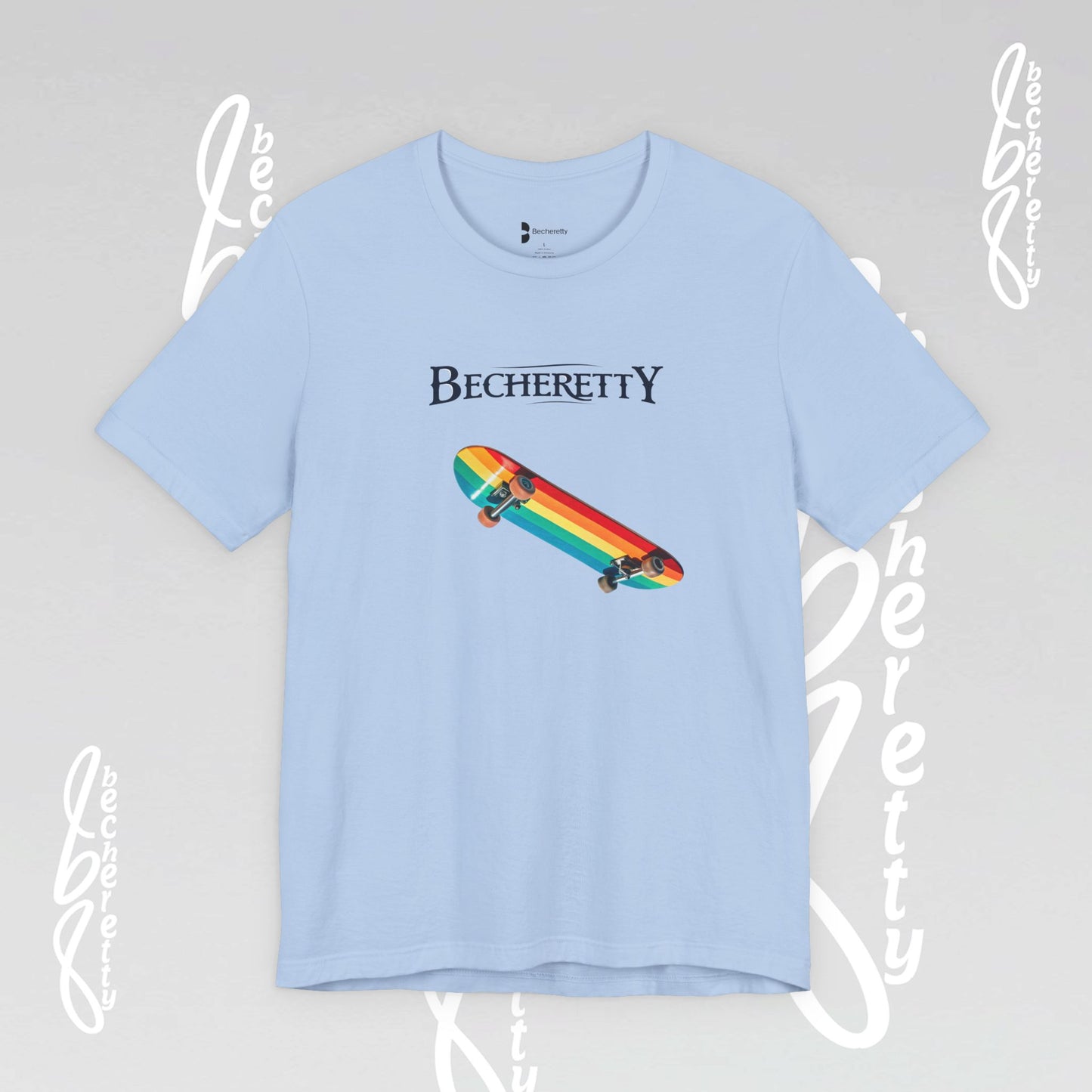 Rainbow Skateboard Tee - Becheretty design, perfect gift for skater lovers.