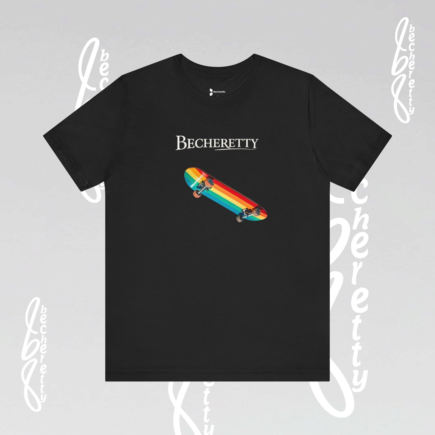 Rainbow Skateboard Tee - Becheretty design, perfect gift for skater lovers.