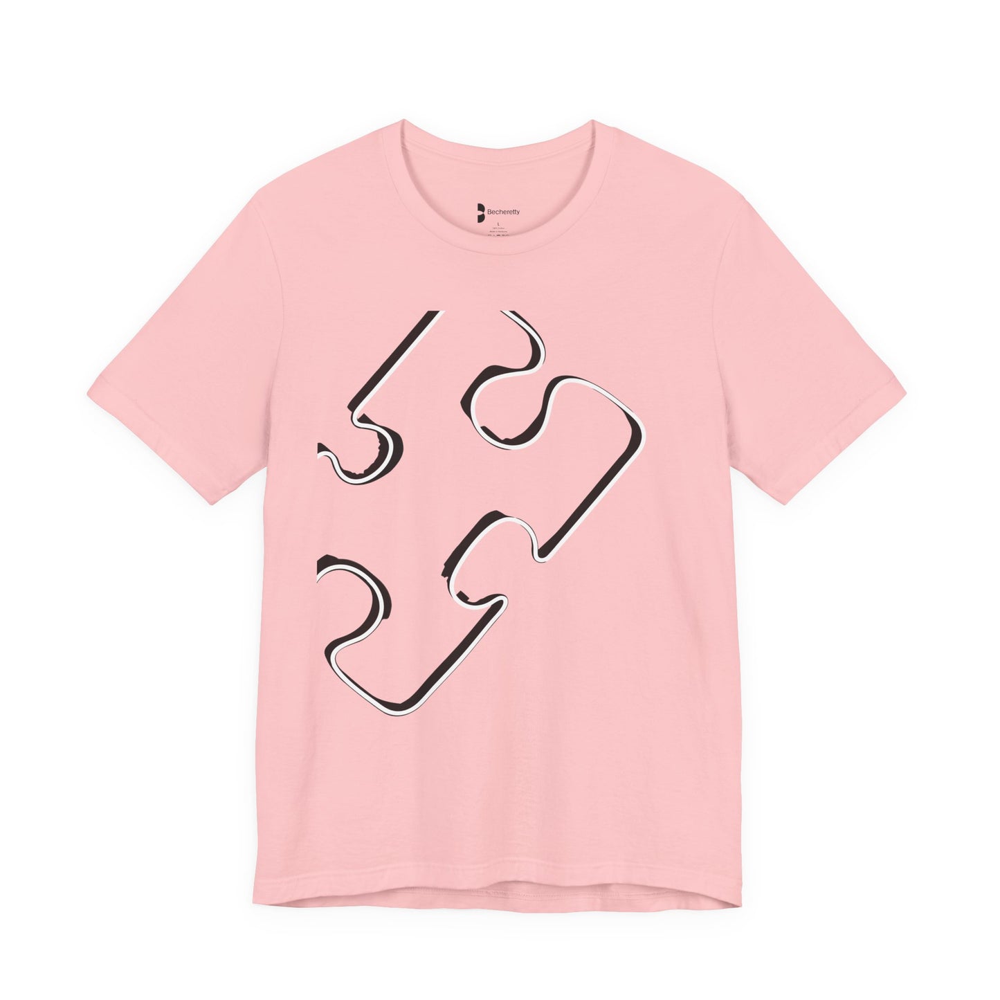 Pink t-shirt with a big outline design of a puzzle piece.