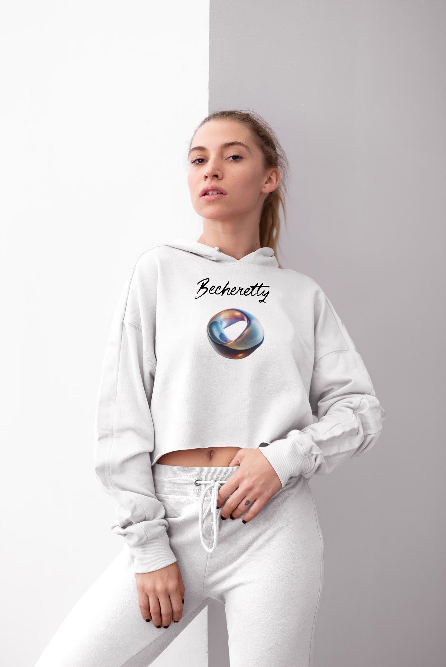 Crop Hoodie with Futuristic Ring Graphic, and Becheretty name - Stylish Women's Hoodie, Trendy Fashion Sweater, Unique Gift for Her