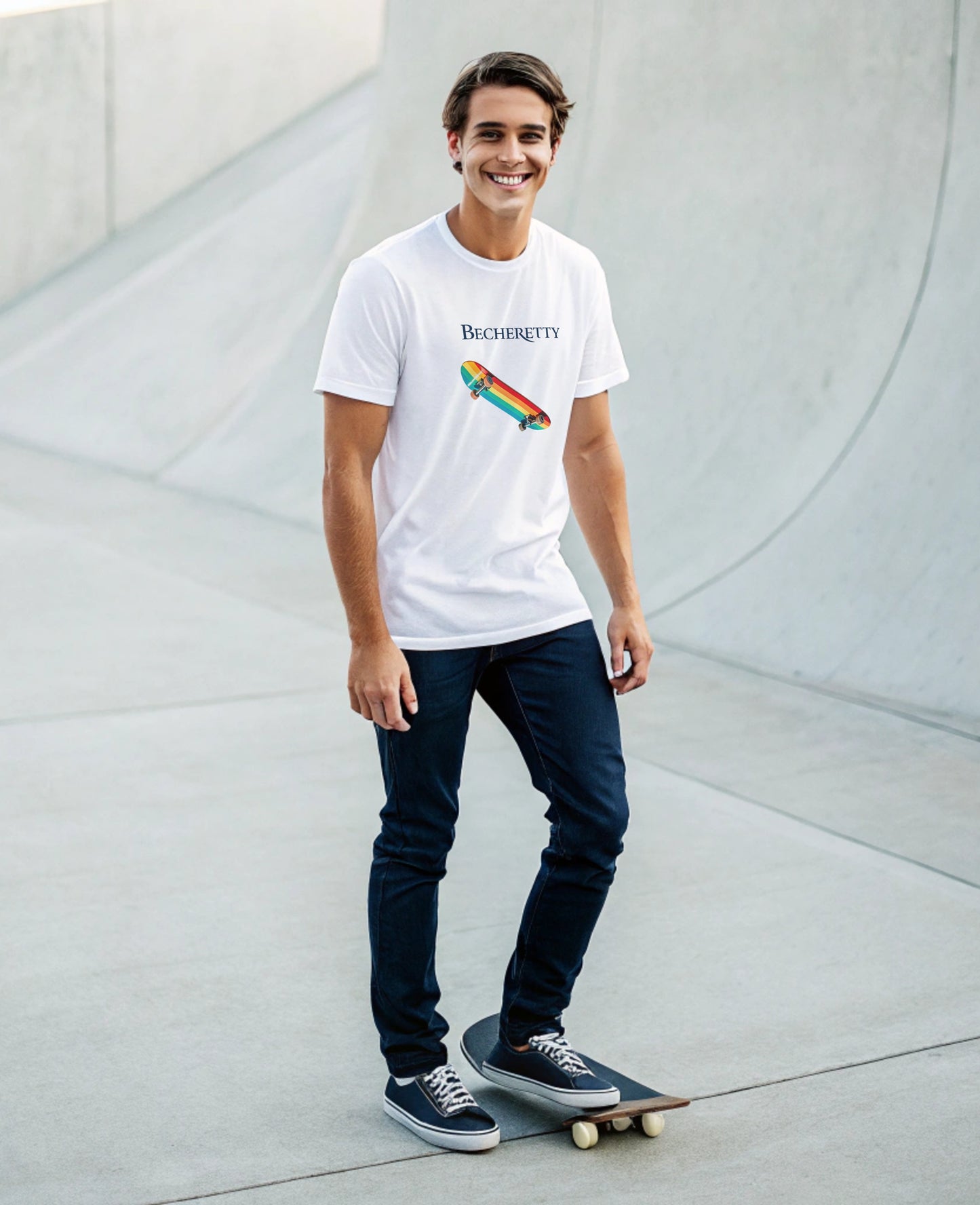 Man wearing a white t-shirt with a colorful graphic rainbow skateboard, standing on a skateboard in an urban setting.