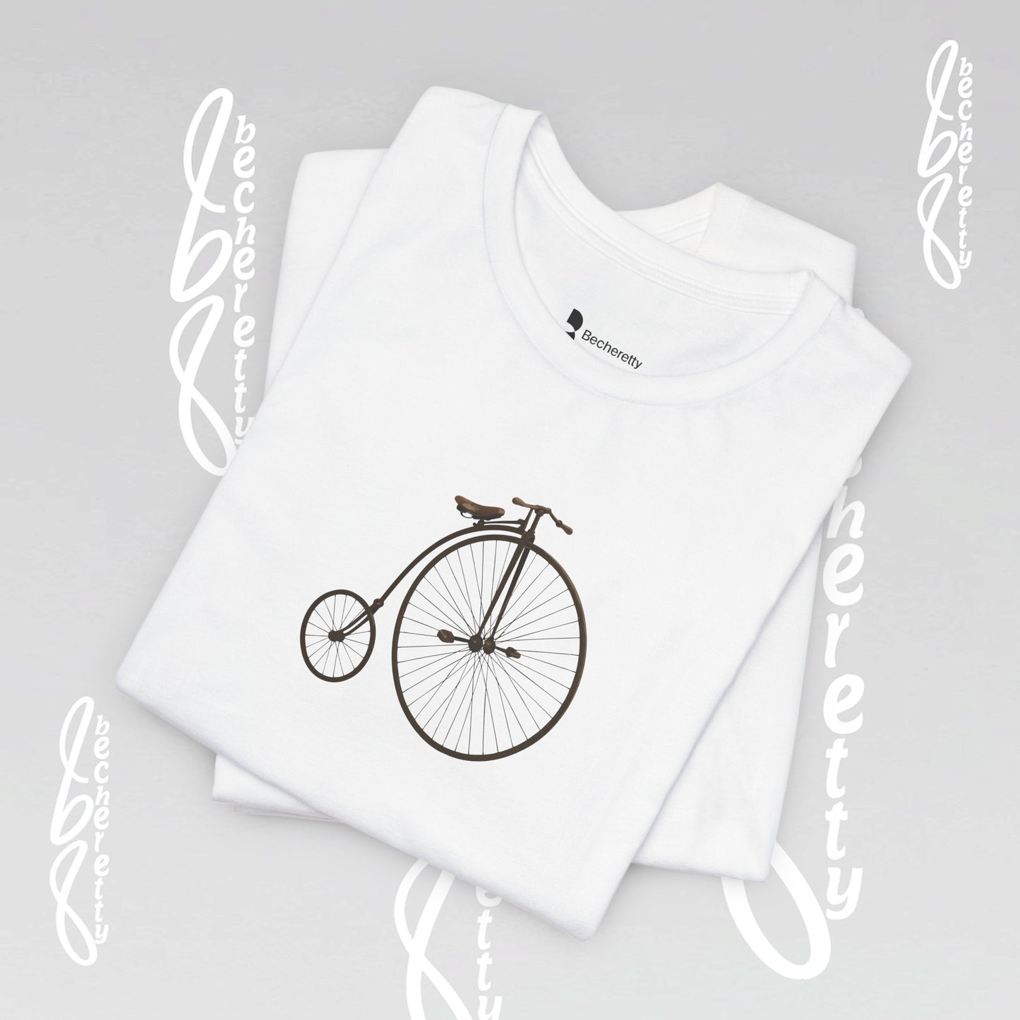 White t-shirt with a minimalist graphic of a 1870- Penny Farthing bicycle.