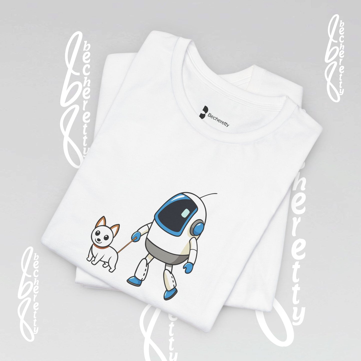 Futuristic Graphic Becheretty of a small robot, walking a dog - T-shirt unisex .Everyday Wear - Gift Idea