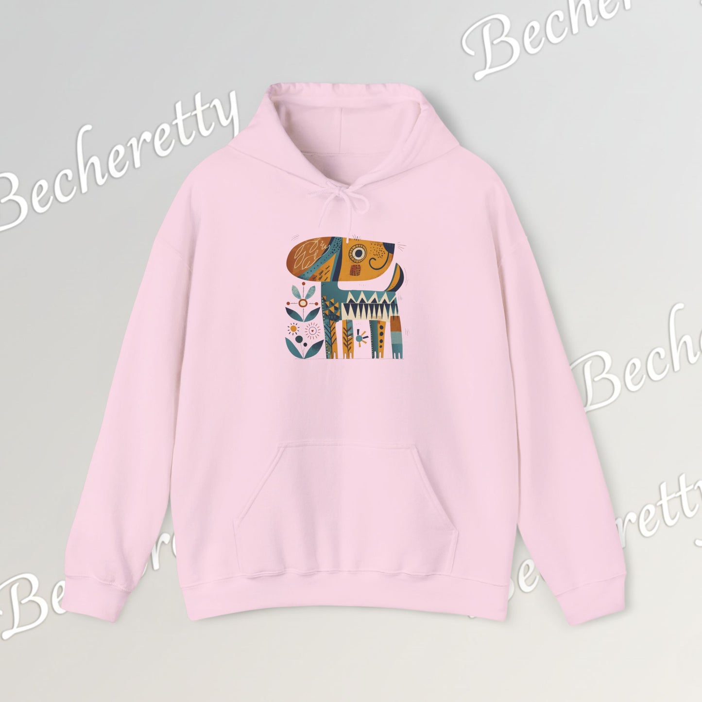 Minimalist Art Hoodie | The "Abstract Puppy" by Becheretty - A unique, stylized dog motif inspired by folk art and modern