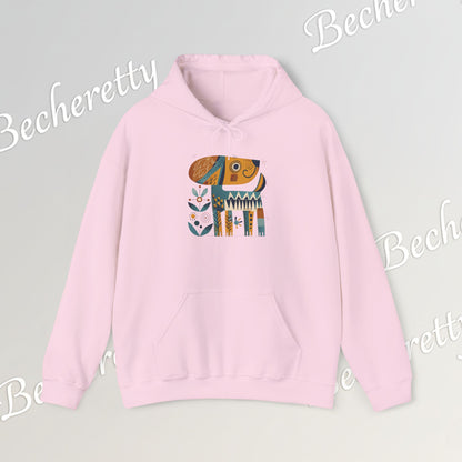 Minimalist Art Hoodie | The "Abstract Puppy" by Becheretty - A unique, stylized dog motif inspired by folk art and modern