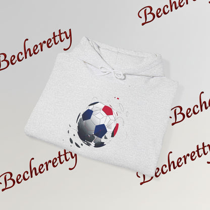 Artistic Soccer Ball Hoodie — Red, White & Blue Flying Soccer Graphic Art Becheretty - Ideal for Soccer Lovers