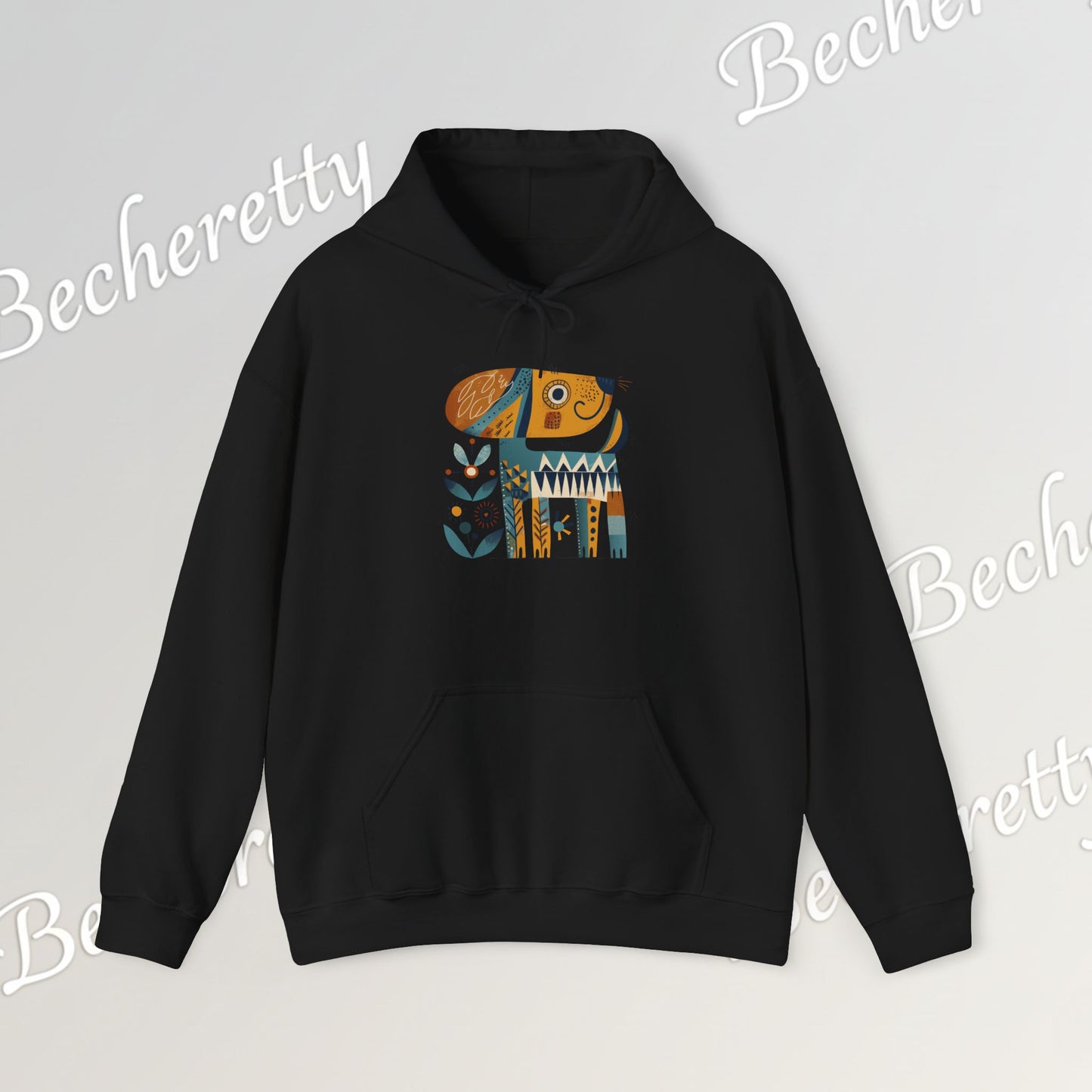 Minimalist Art Hoodie | The "Abstract Puppy" by Becheretty - A unique, stylized dog motif inspired by folk art and modern
