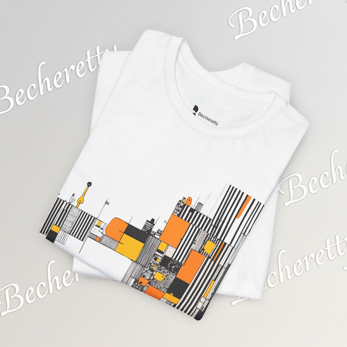 Abstract Geometric Tee - Art Graphic Becheretty - Modern Orange & Gray Cityscape Design