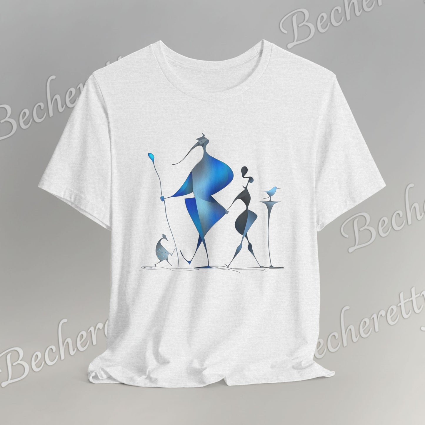 "Abstract Blue Aviary" Modern Art Graphic T-Shirt Becheretty - Unique Nature Lover Tee, Soft Cotton Fashion Top