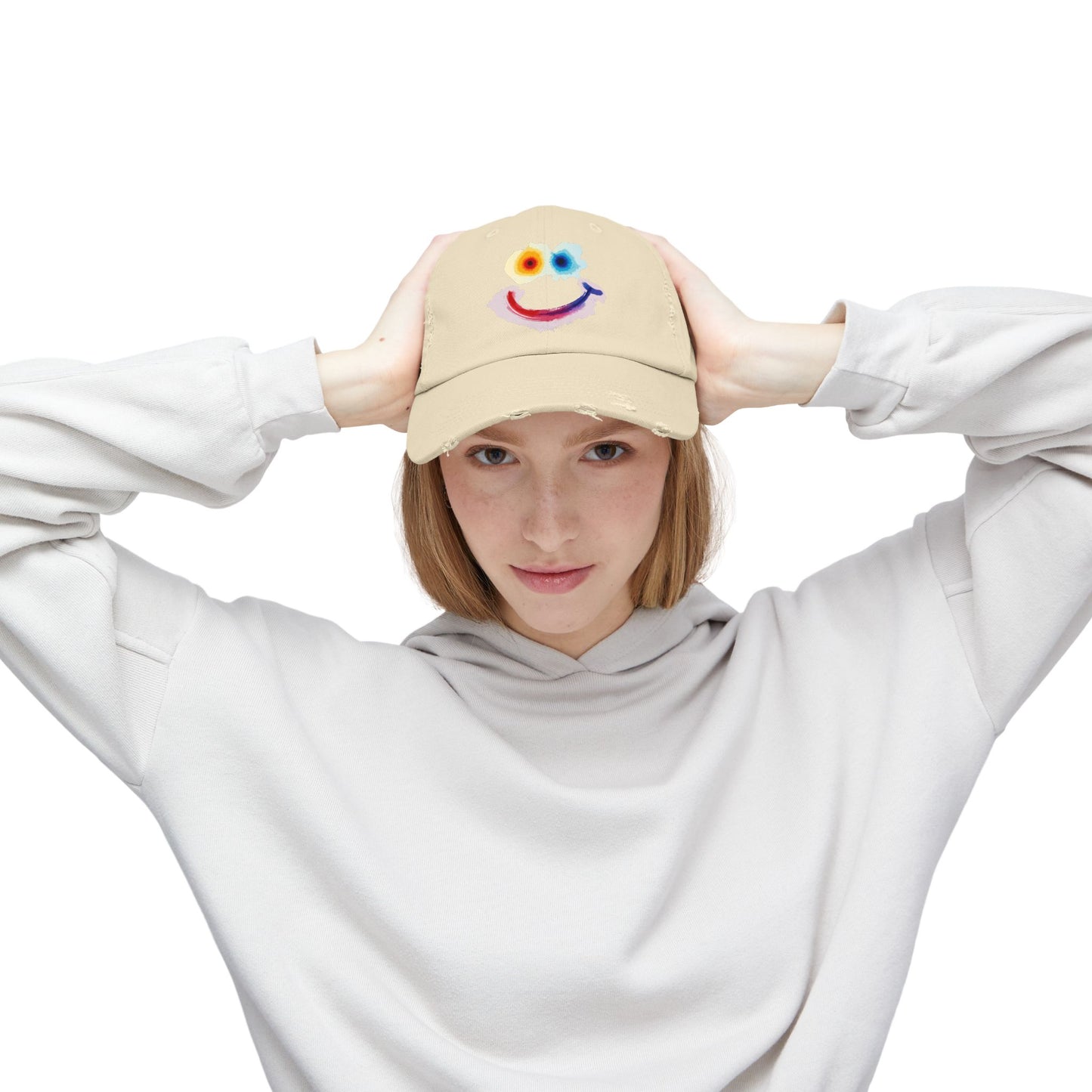 Smiley Watercolor Distressed Cap — Colorful Smile Face Dad Hat - Graphic Minimalist Becheretty