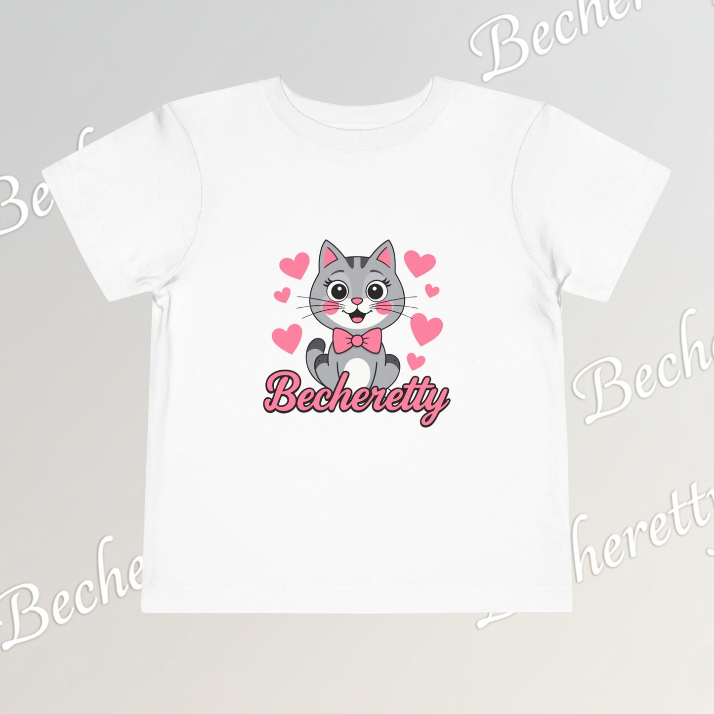 Adorable "Becheretty" Pink Bow Kitten Toddler Tee – Cute Gray Cat & Hearts Graphic T-Shirt for Girls