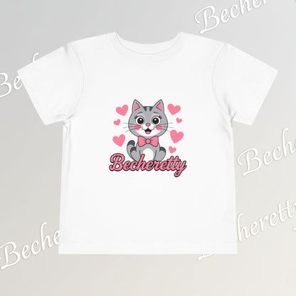 Adorable "Becheretty" Pink Bow Kitten Toddler Tee – Cute Gray Cat & Hearts Graphic T-Shirt for Girls