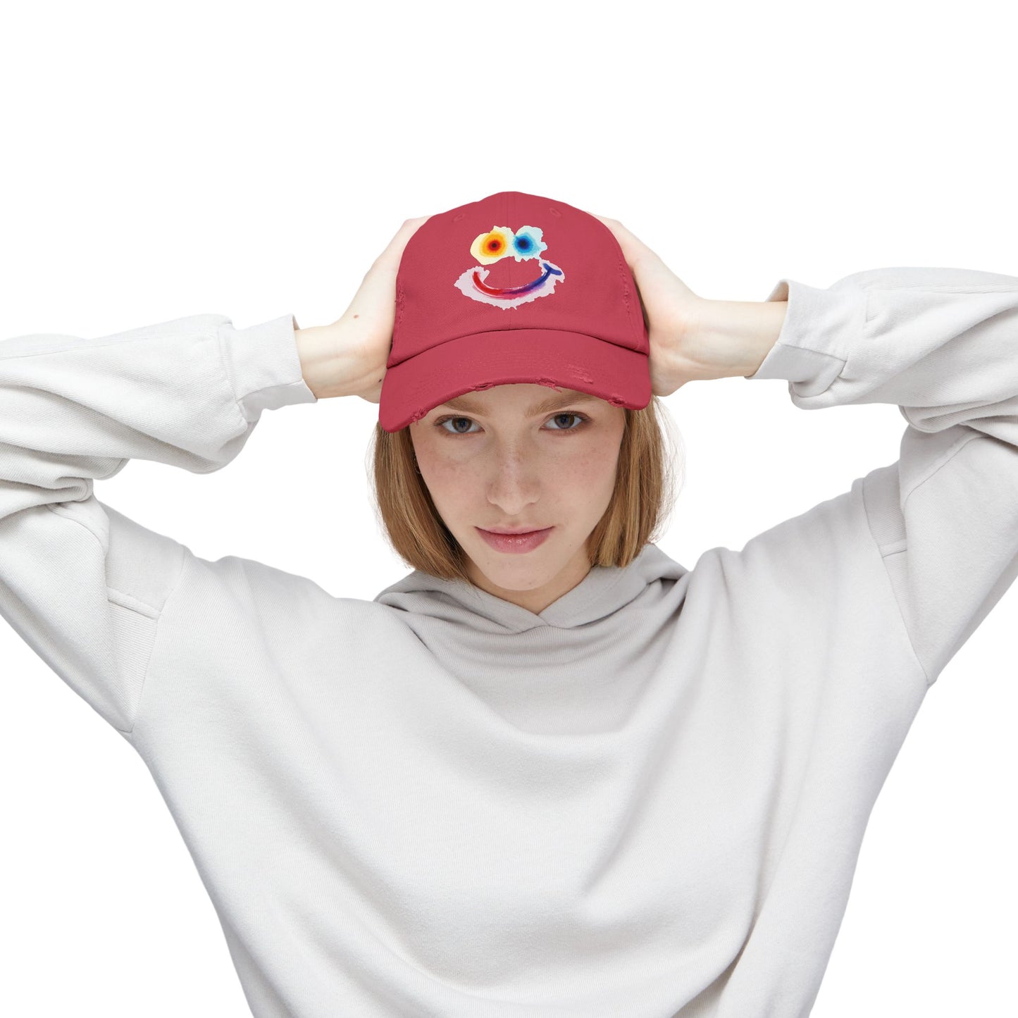 Smiley Watercolor Distressed Cap — Colorful Smile Face Dad Hat - Graphic Minimalist Becheretty