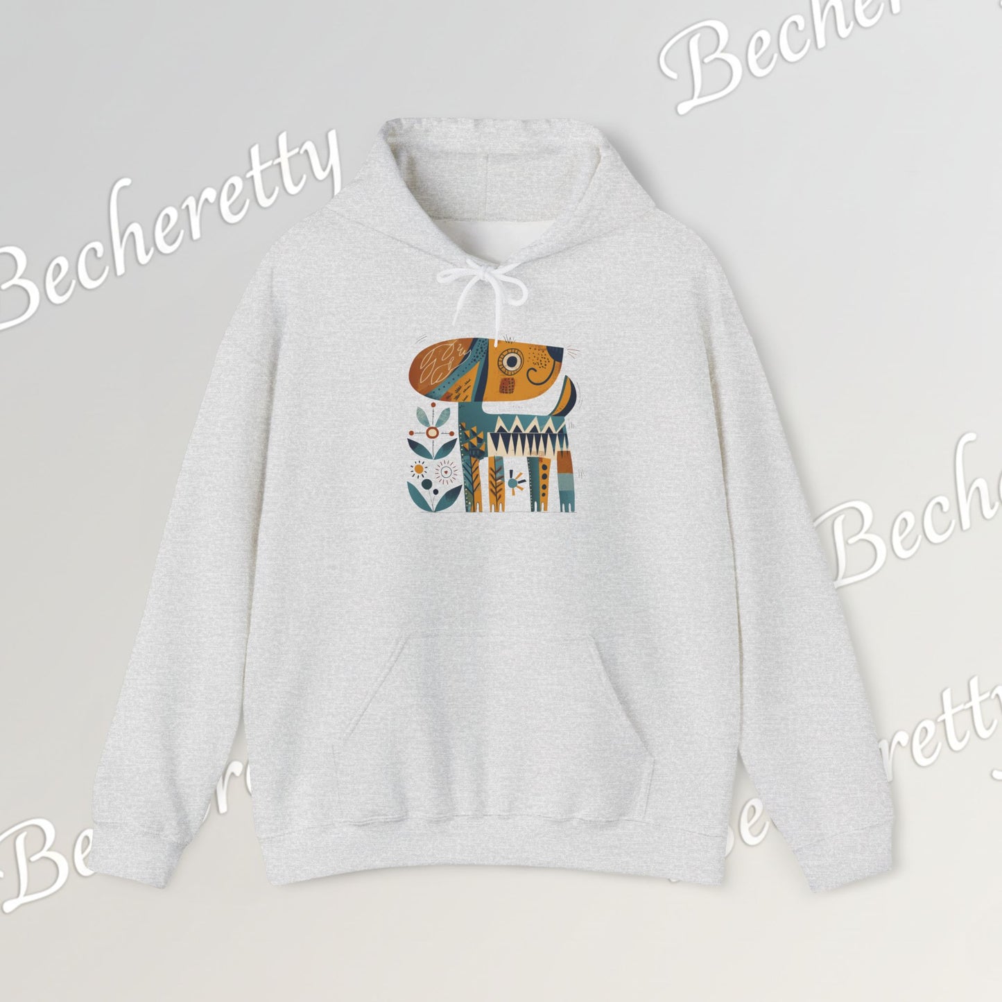 Minimalist Art Hoodie | The "Abstract Puppy" by Becheretty - A unique, stylized dog motif inspired by folk art and modern