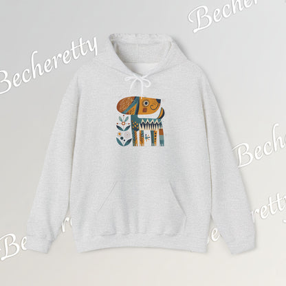 Minimalist Art Hoodie | The "Abstract Puppy" by Becheretty - A unique, stylized dog motif inspired by folk art and modern