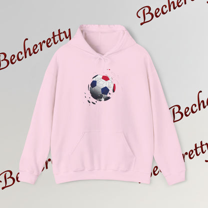 Artistic Soccer Ball Hoodie — Red, White & Blue Flying Soccer Graphic Art Becheretty - Ideal for Soccer Lovers