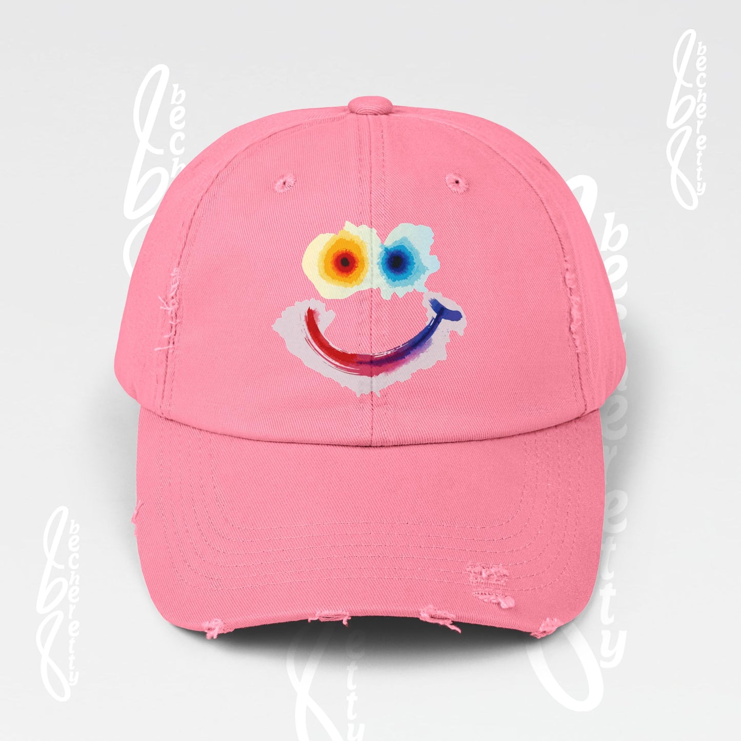 Smiley Watercolor Distressed Cap — Colorful Smile Face Dad Hat - Graphic Minimalist Becheretty