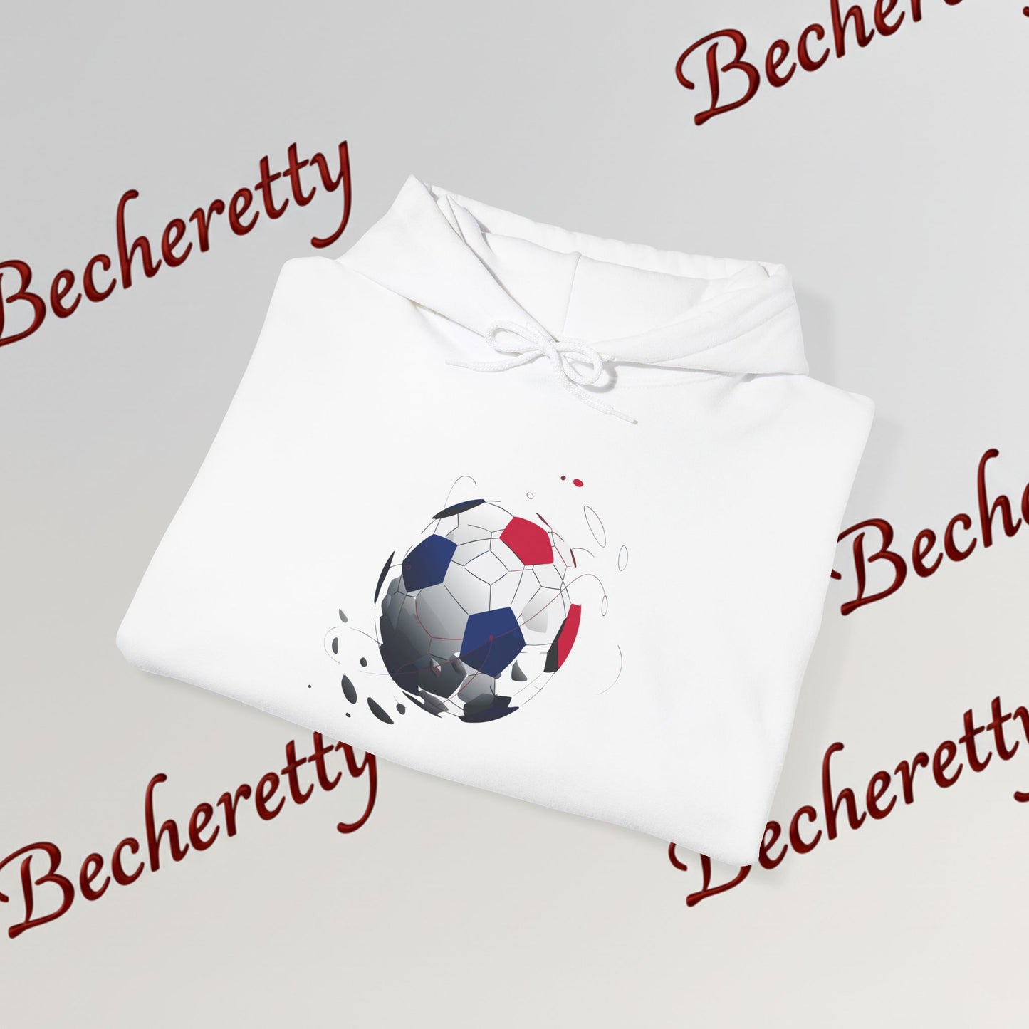 Artistic Soccer Ball Hoodie — Red, White & Blue Flying Soccer Graphic Art Becheretty - Ideal for Soccer Lovers