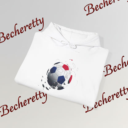 Artistic Soccer Ball Hoodie — Red, White & Blue Flying Soccer Graphic Art Becheretty - Ideal for Soccer Lovers