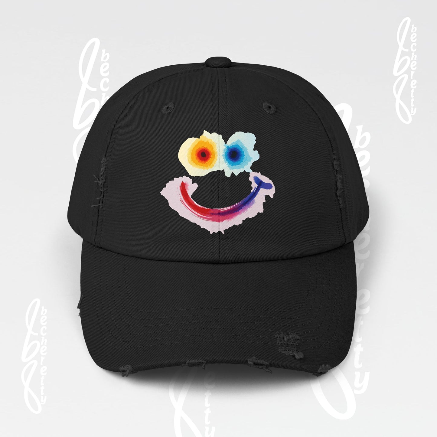 Smiley Watercolor Distressed Cap — Colorful Smile Face Dad Hat - Graphic Minimalist Becheretty