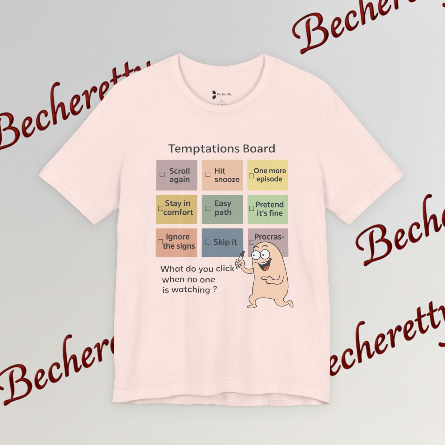 Graphic Tee "Temptations Board" Funny Graphic Becheretty. Wear it to spark conversations at casual meetups.