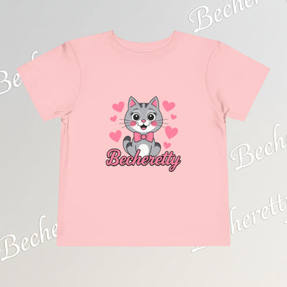 Adorable "Becheretty" Pink Bow Kitten Toddler Tee – Cute Gray Cat & Hearts Graphic T-Shirt for Girls