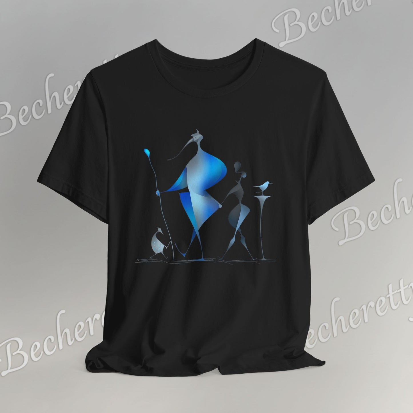 "Abstract Blue Aviary" Modern Art Graphic T-Shirt Becheretty - Unique Nature Lover Tee, Soft Cotton Fashion Top