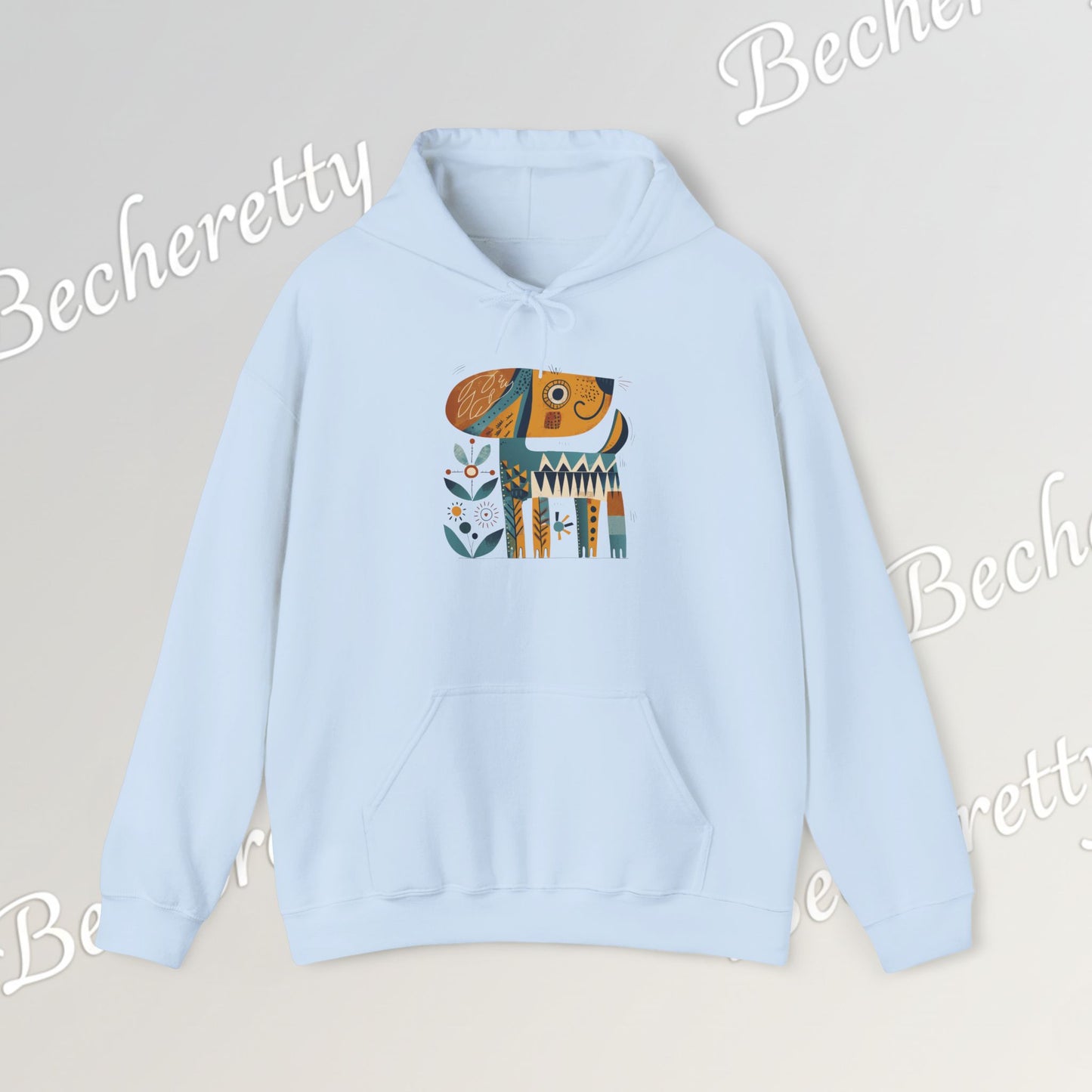 Minimalist Art Hoodie | The "Abstract Puppy" by Becheretty - A unique, stylized dog motif inspired by folk art and modern