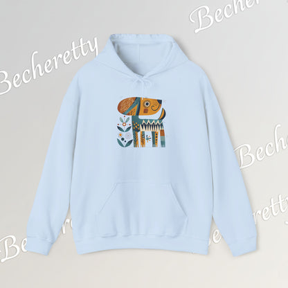 Minimalist Art Hoodie | The "Abstract Puppy" by Becheretty - A unique, stylized dog motif inspired by folk art and modern
