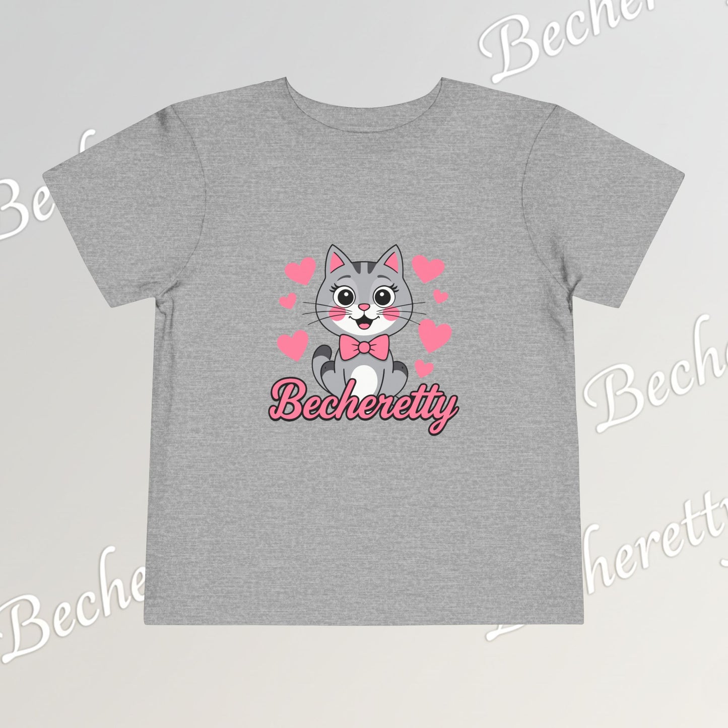 Adorable "Becheretty" Pink Bow Kitten Toddler Tee – Cute Gray Cat & Hearts Graphic T-Shirt for Girls