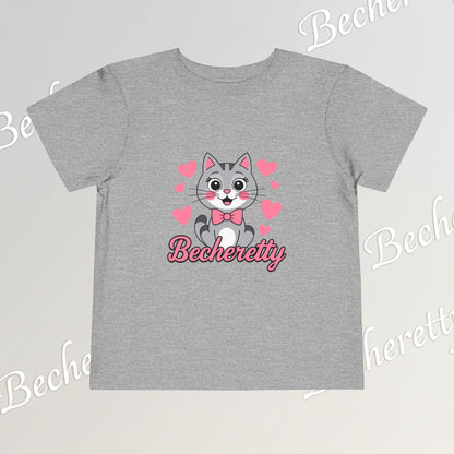 Adorable "Becheretty" Pink Bow Kitten Toddler Tee – Cute Gray Cat & Hearts Graphic T-Shirt for Girls