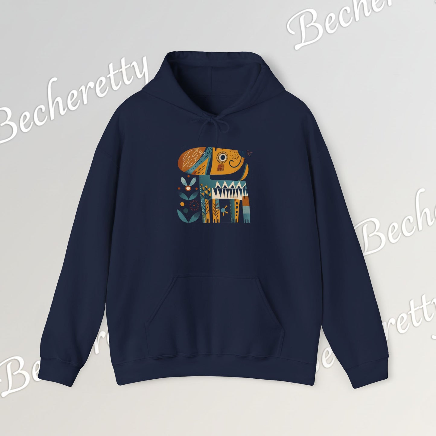 Minimalist Art Hoodie | The "Abstract Puppy" by Becheretty - A unique, stylized dog motif inspired by folk art and modern