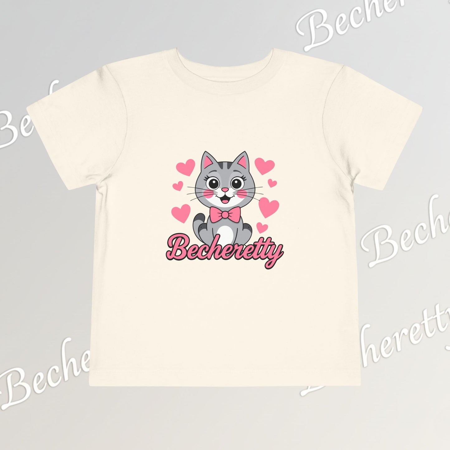 Adorable "Becheretty" Pink Bow Kitten Toddler Tee – Cute Gray Cat & Hearts Graphic T-Shirt for Girls