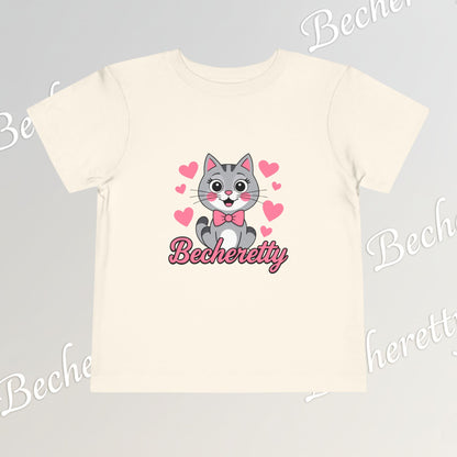 Adorable "Becheretty" Pink Bow Kitten Toddler Tee – Cute Gray Cat & Hearts Graphic T-Shirt for Girls