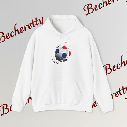 Artistic Soccer Ball Hoodie — Red, White & Blue Flying Soccer Graphic Art Becheretty - Ideal for Soccer Lovers