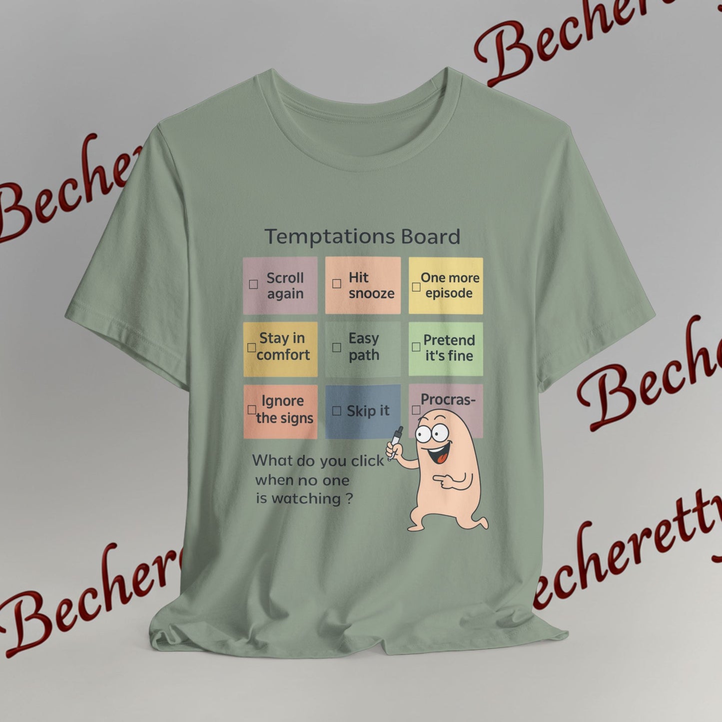 Graphic Tee "Temptations Board" Funny Graphic Becheretty. Wear it to spark conversations at casual meetups.