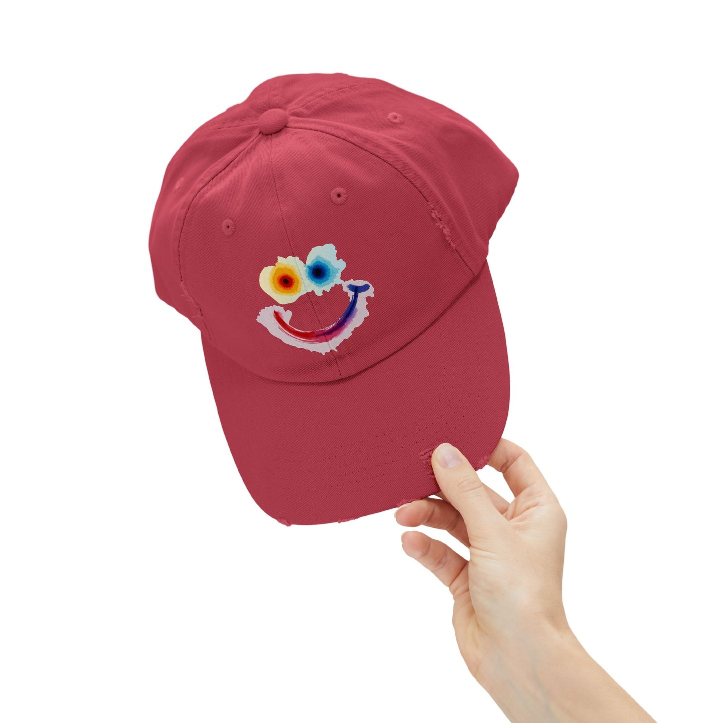 Smiley Watercolor Distressed Cap — Colorful Smile Face Dad Hat - Graphic Minimalist Becheretty