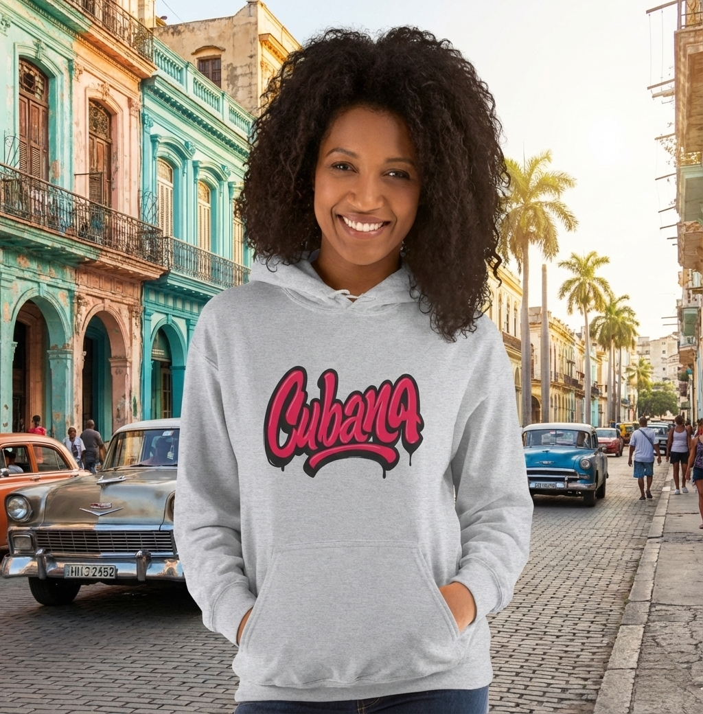 Graphic Hoodie "Cubana"  Art Graphic Becheretty - This spacious kangaroo-style bag proudly displays a connection to Cuban culture.
