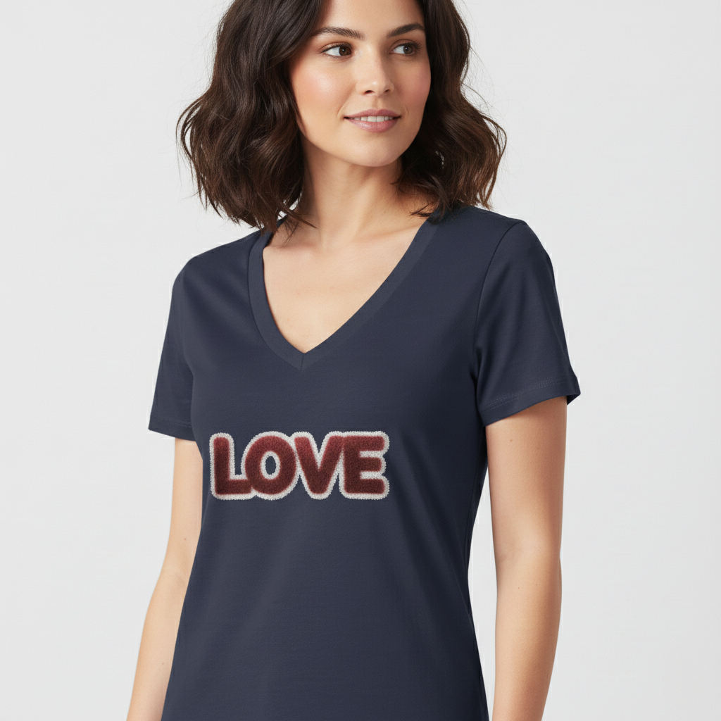 LOVE Deep V-Neck Tee — Styled as a plush, fur-covered object - Art Graphic Minimalist Becheretty